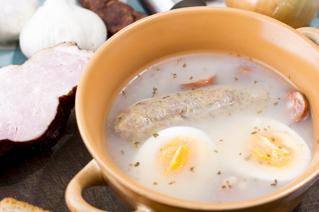 Traditional Zurek with sausage and egg, white borscht, polish Easter soupの写真素材