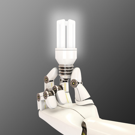 robot hand holding a light bulb, 3d renderingの写真素材