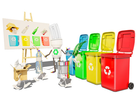 paper, metallic, bottle and plastic character go for recycling by themselves, 3d renderingの写真素材