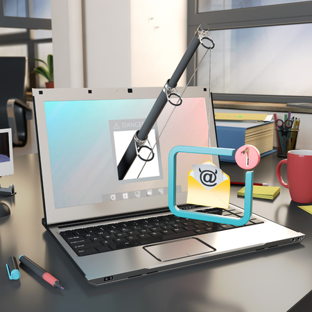 fishing rod with hostile email popping out from a computer screen in an office, 3d renderingの写真素材