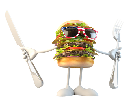 Hamburger 3D character with fork and knife over white backgroundの写真素材
