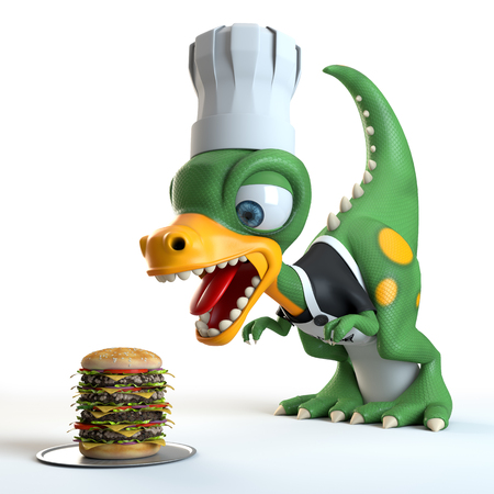 funny dinosaur cook with hamburger over white backgroundの写真素材