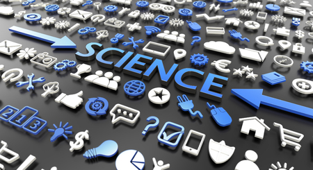 "science" word with 3d icons over black backgroundの写真素材