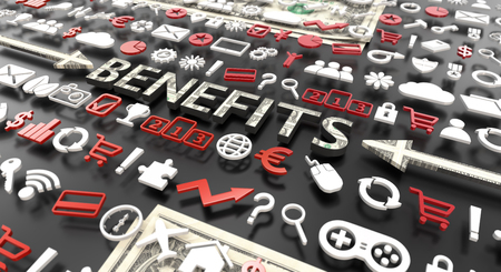 "benefits" word with 3d icons over black backgroundの写真素材
