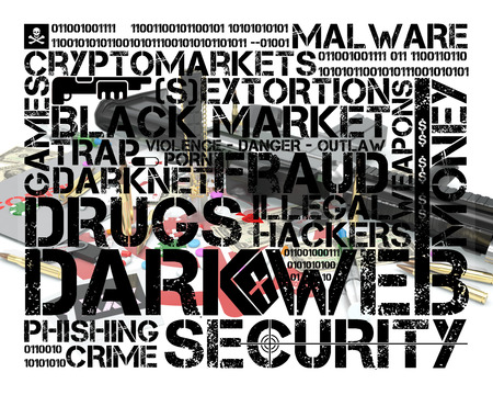 dark web tag cloud over illustration representing several activities of dark webの写真素材