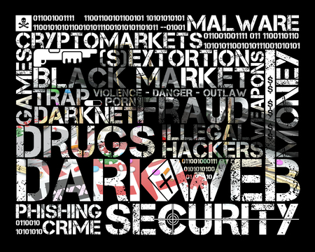 dark web tag cloud over illustration representing several activities of dark webの写真素材