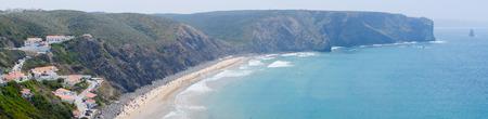 Panoramic view of a surfers beach on the shore of Portugalの写真素材