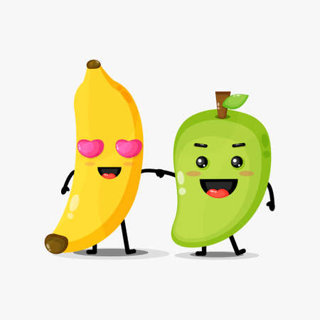 Cute banana and mango mascot holding handsのイラスト素材