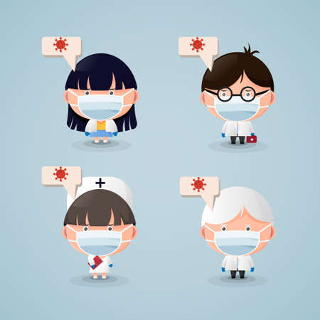 Cartoon character doctors and nurses wearing medical maskのイラスト素材