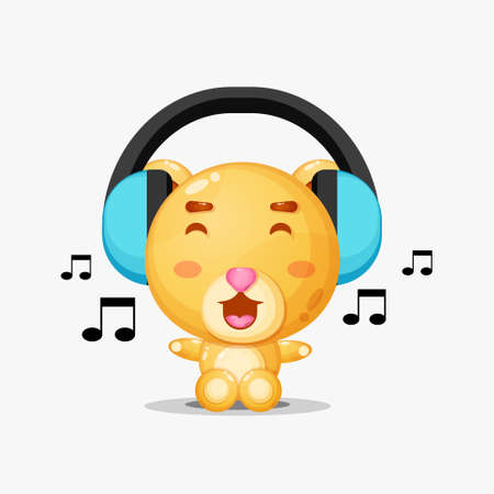 Cute bear mascot listening to musicのイラスト素材