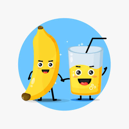 Cute banana and banana juice mascot holding handsのイラスト素材