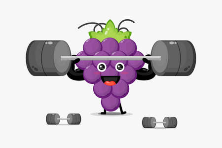 Cute grape mascot lifting a barbellのイラスト素材