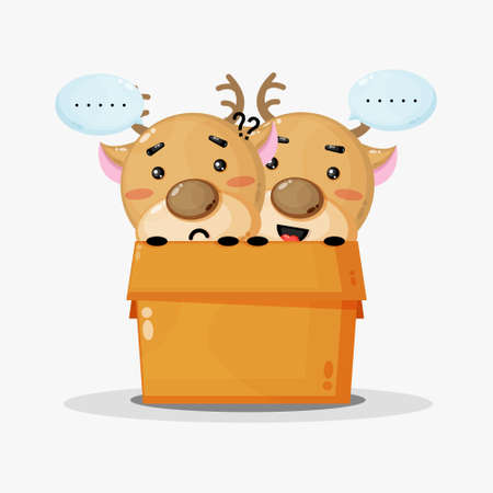 Cute deer mascot in a box with happy and sad expressionsのイラスト素材