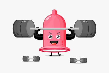 Cute condom mascot lifting a barbellのイラスト素材