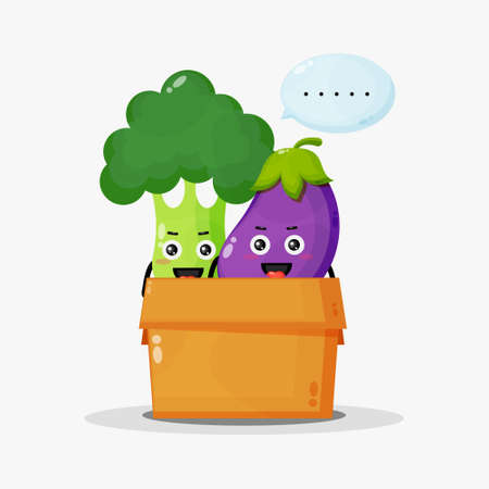 Cute broccoli and eggplant mascot in the boxのイラスト素材