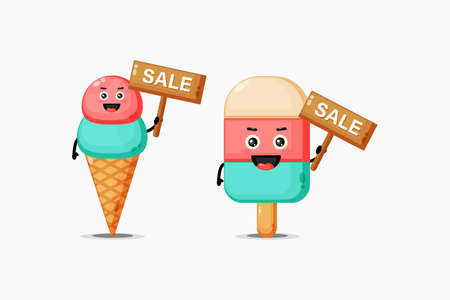 Cute ice cream is happy with the sales signのイラスト素材