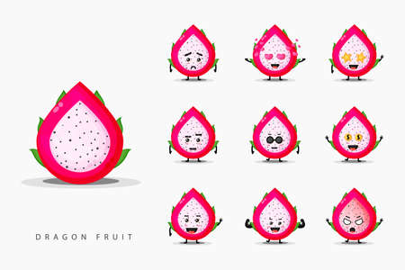 Cute dragon fruit mascot design setのイラスト素材