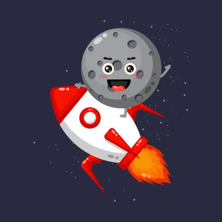 Cute moon mascot riding a rocketのイラスト素材