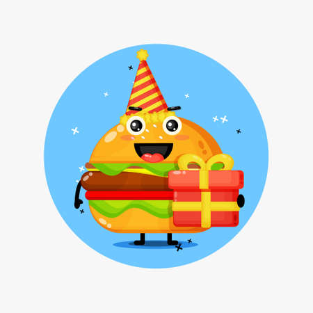 Cute burger mascot on birthdayのイラスト素材
