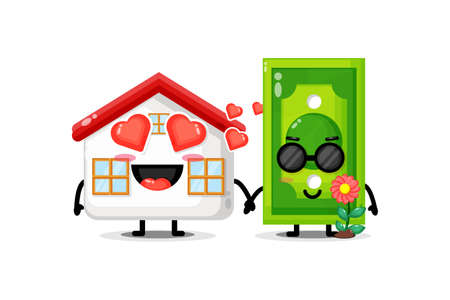 Cute house and money banknote mascot holding handsのイラスト素材