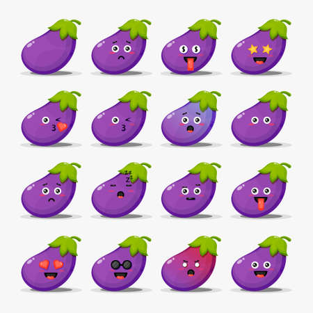Cute eggplant with emoticons setのイラスト素材
