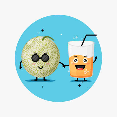 Cute melon and melon juice mascot holding handsのイラスト素材