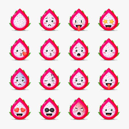 Cute dragon fruit with emoticons setのイラスト素材