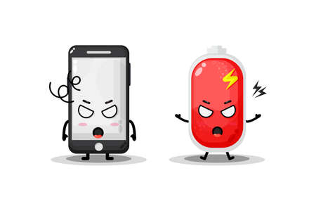 Cute phone and battery with angry expressionsのイラスト素材