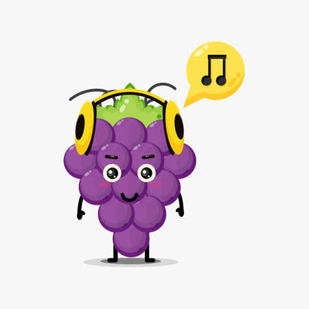 Cute grape mascot listening to musicのイラスト素材