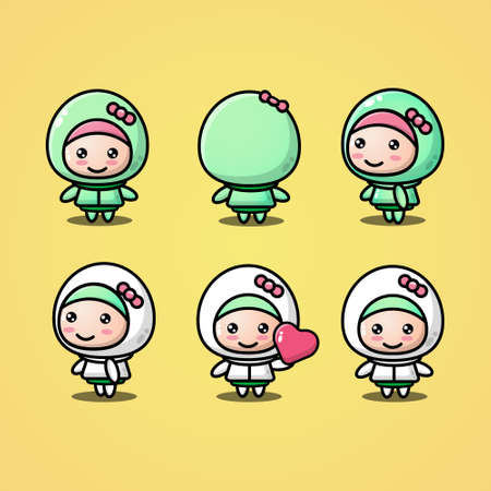Cute muslim little girl character setのイラスト素材