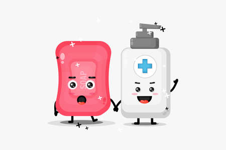 Cute soap and hand sanitizer mascot holding handsのイラスト素材