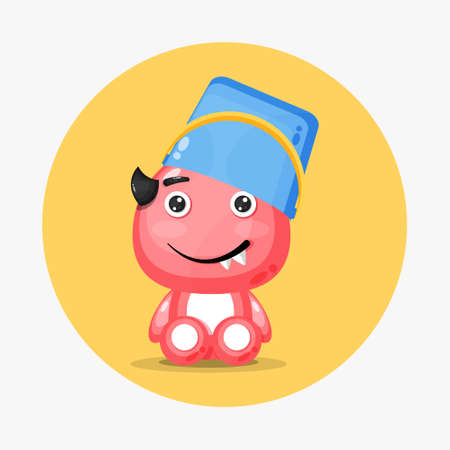 Cute monster wearing a bucket helmetのイラスト素材