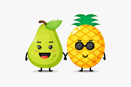Cute pear and pineapple mascots holding handsのイラスト素材