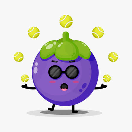 Cute mangosteen mascot playing tennis ballのイラスト素材