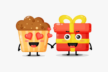 Cute muffins and gift boxes mascot holding handsのイラスト素材