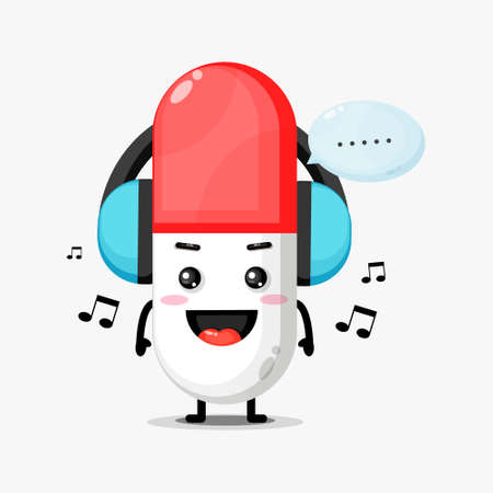 Cute pill mascot listening to musicのイラスト素材