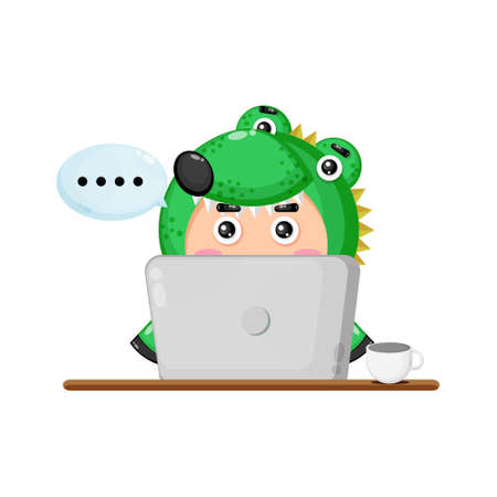 Illustration of cute crocodile mascot in front of a laptopのイラスト素材