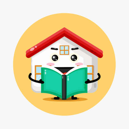 Cute house mascot reading a bookのイラスト素材
