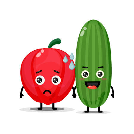 Cute peppers and cucumbers mascot holding handsのイラスト素材