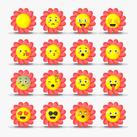 Set of cute flower with emoticonsのイラスト素材