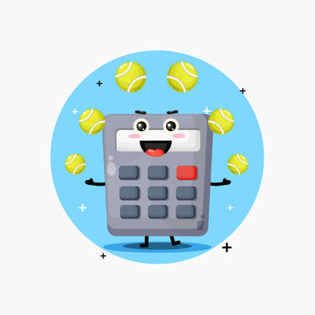 Cute calculator mascot playing tennis ballのイラスト素材