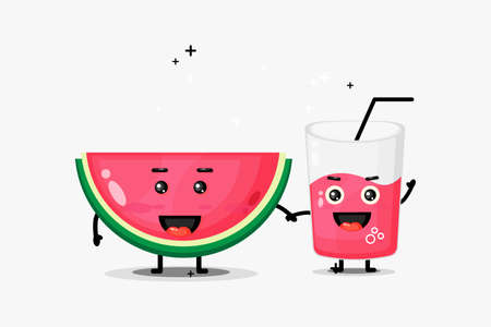 Cute watermelon and watermelon juice mascot holding handsのイラスト素材