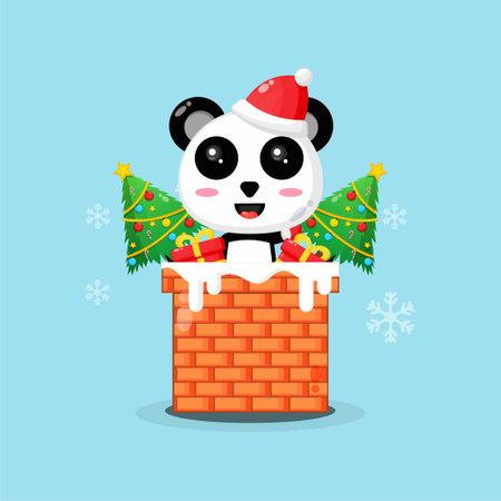 Cute panda on the chimney with a Christmas presentのイラスト素材