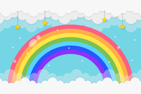 Rainbow background with clouds and starsのイラスト素材