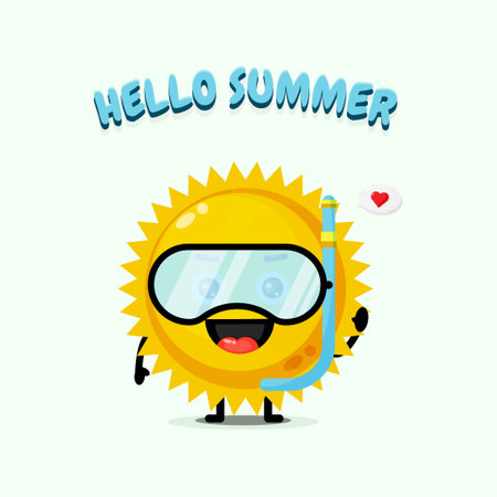 Cute sun mascot wearing diving gear with summer greetingsのイラスト素材
