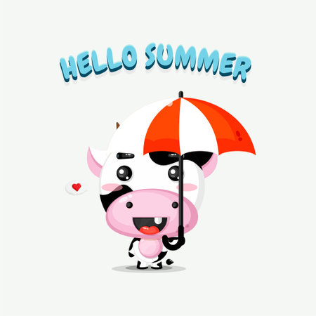 Cute cow mascot carrying umbrella with summer greetingsのイラスト素材