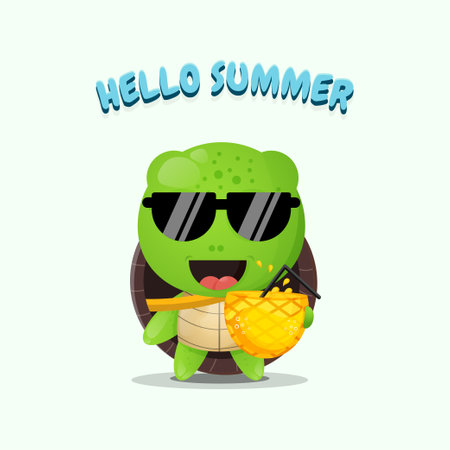 Cute turtle mascot carrying pineapple juice with summer greetingsのイラスト素材