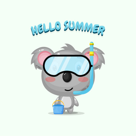 Cute koala mascot wearing diving gear with summer greetingsのイラスト素材