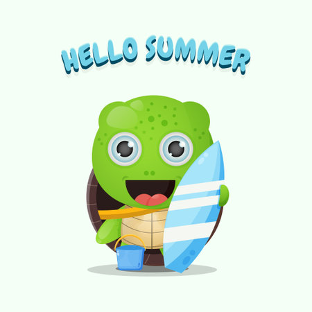 Cute turtle carrying surfboard with summer greetingsのイラスト素材