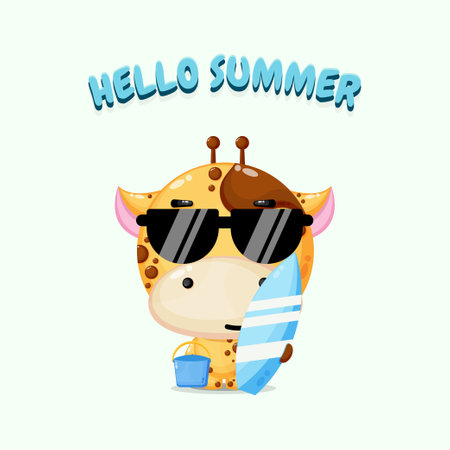 Cute giraffe carrying surfboard with summer greetingsのイラスト素材